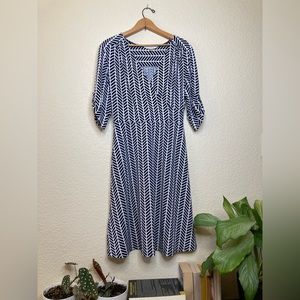 AA Studio AA Midi Dress A-line 3/4 Sleeves V-Neck Cross Bodice Navy Print
